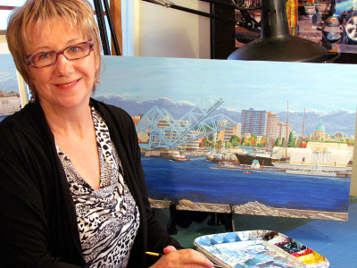 Barbara Weaver-Bosson with her in "progress painting", titled Looking South to the Blue Bridge, Oct 15th 2012.